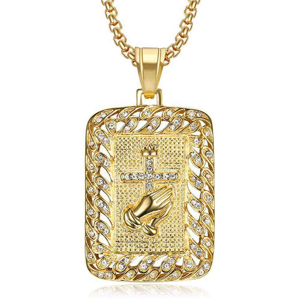 Religious Praying Hands Cross Square Pendant Gold Color Stainless Steel Christian Prayer Necklaces for Men Hip Hop Jewelry Gift
