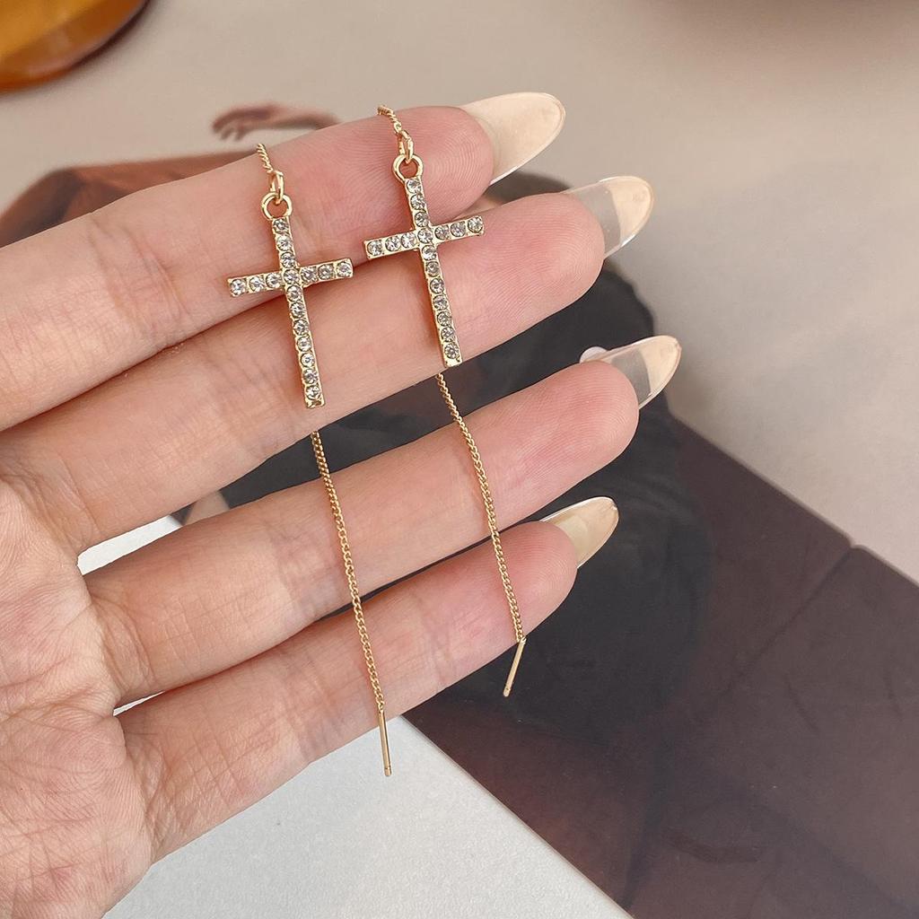 Silver Needle Rhinestone Inlaid Cross Stud Earrings - Exaggerated European and American Style for Women