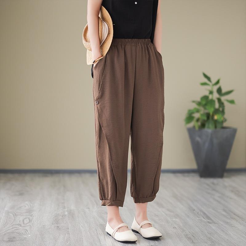 Wenyi Fan loose large size solid color cotton and linen casual pants women's summer new thin versatile elastic waist nine-point leggings