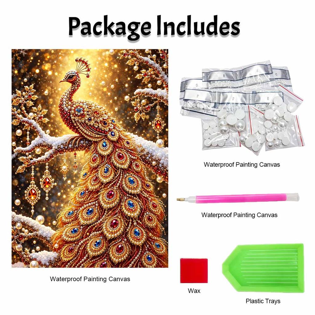 Sparkling Pearl Painting Kit with Frame Golden Peacock Bead Art Canvas Relaxing Craft Home Wall Decor Gift Set for DIY Art Wall Decoration Art