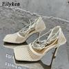 Fashion Eilyken Sexy Mesh Pumps Sandals Female Square Toe High Heel Lace Up Cross-tied Stiletto Hollow Dress Shoes Size 35-42