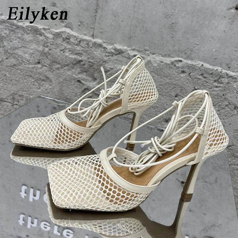 Fashion Eilyken Sexy Mesh Pumps Sandals Female Square Toe High Heel Lace Up Cross-tied Stiletto Hollow Dress Shoes Size 35-42