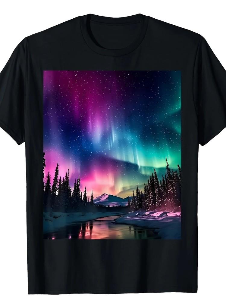 

100% Cotton Alaska Landscape Aurora Borealis Northern Lights Vacay Merch T-Shirt M