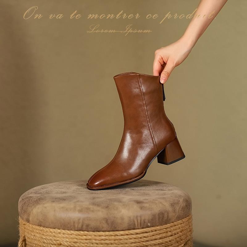 Fashion Women's New Autumn/Winter Square Headed Genuine Cowhide High Heel Zipper Size Retro Chelsea Calf Short Boots