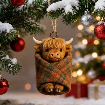 Cozy Wrapped Critters Ornament 2D Acrylic Highland Cow Alpaca Hanging Ornament for Holiday Home Party Tree Decor