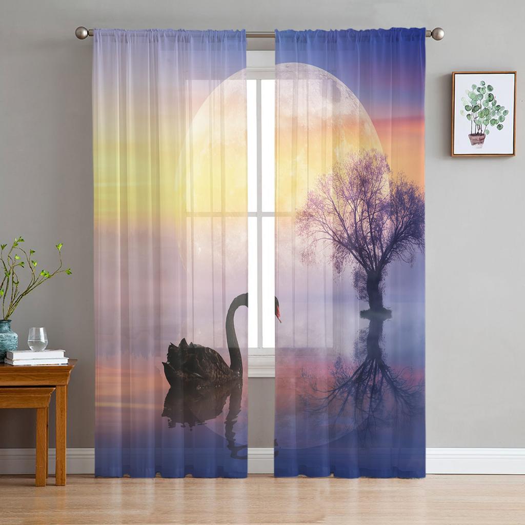 Bamboo Swan Pillar Water Surface Stone Curtains Tulle For Living Room Bedroom Kitchen Chiffon Sheer Window Treatment Decorations