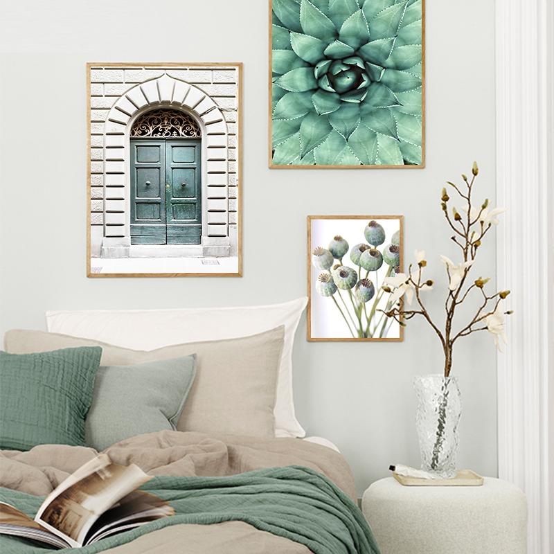 Affiche en toile avec feuilles botaniques vertes, maison nordique, fleur, paysage imprimé, peinture murale, image de plante d'art pour salon et chambre à coucher
