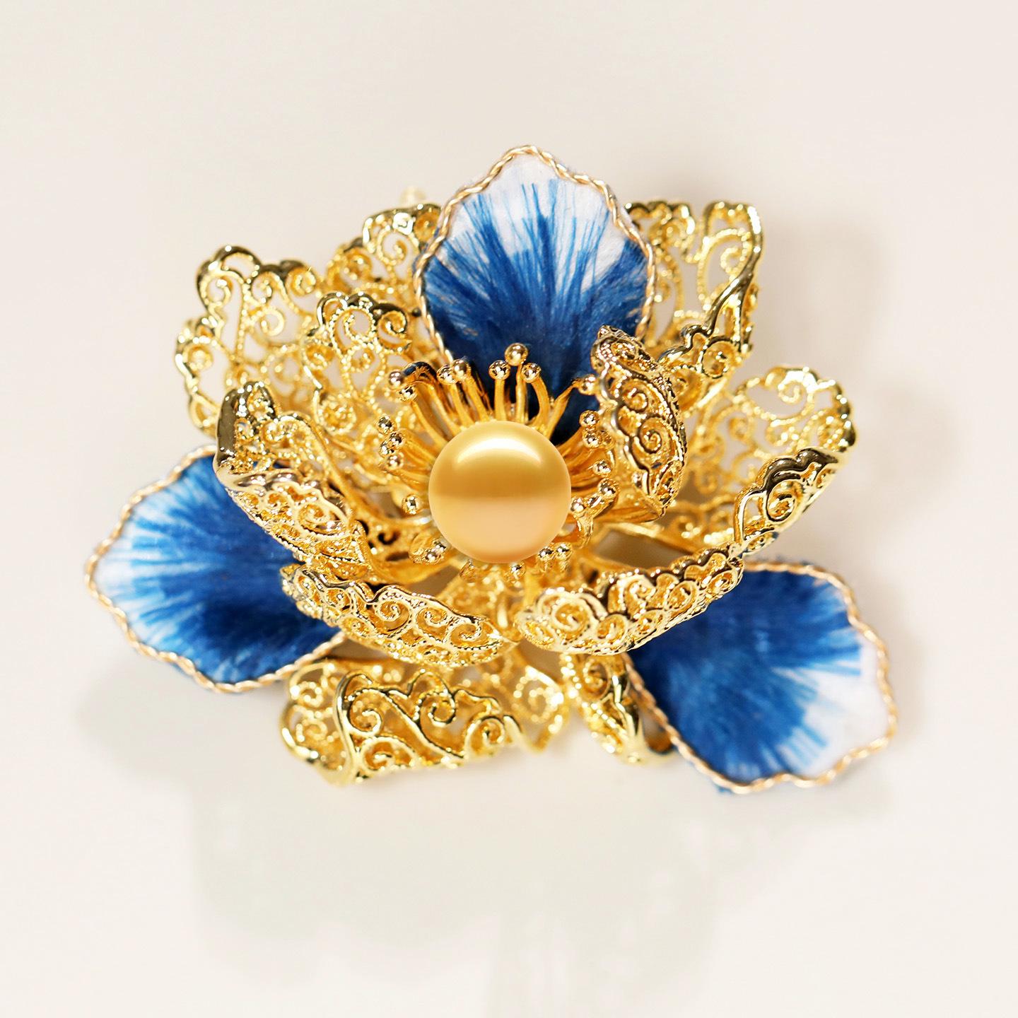 Bo Xin Yun Blue Velvet Peony Brooch with Freshwater Pearl and Retro Hollow Design