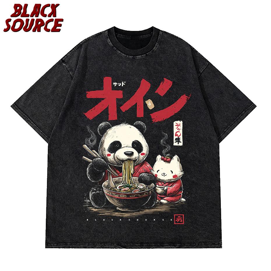 

T Panda Cat Japanese Ramen Print T Shirt Men Soft Chic Tee Cotton Clothes Casual Loose Pullover Summer New Trendy Tops S