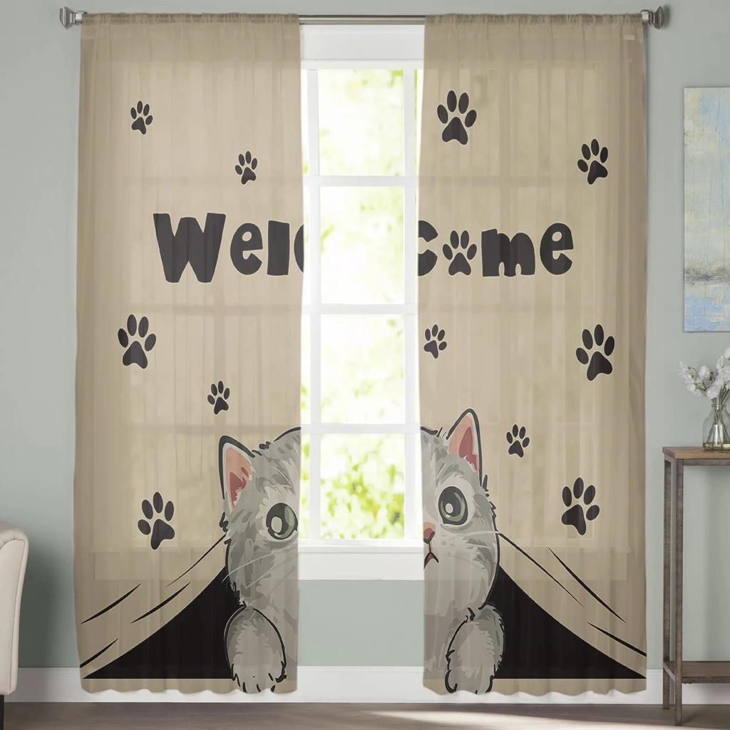 Cat Paw Retro Cute Window Curtains Sheer Chiffon Tulle Curtain Home Living Room Backdrop Decoration