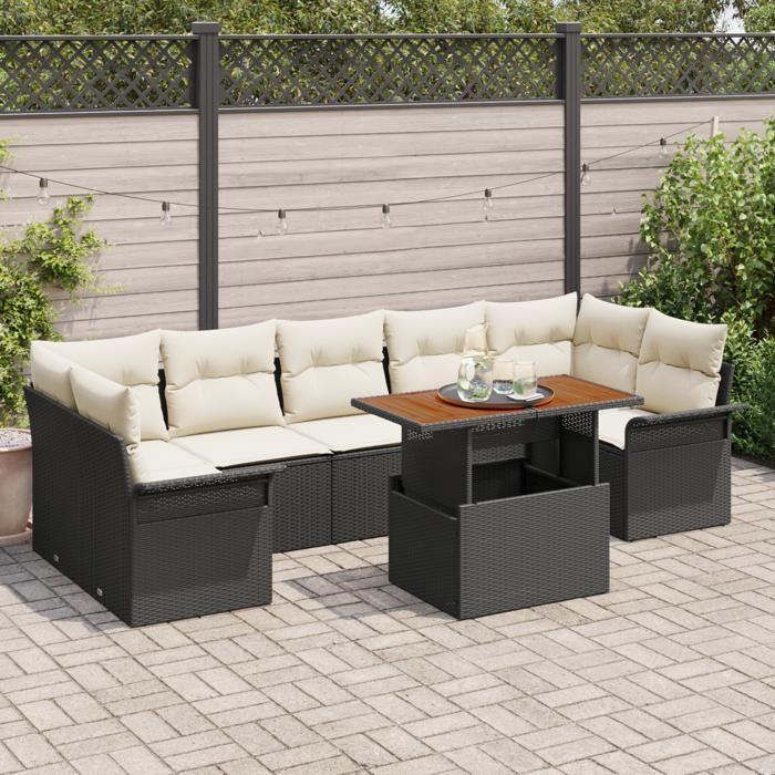 VidaXL Ensemble de Canapé de Jardin 8 Pièces avec Coussins Noir Poly Rotin Acacia 3349298