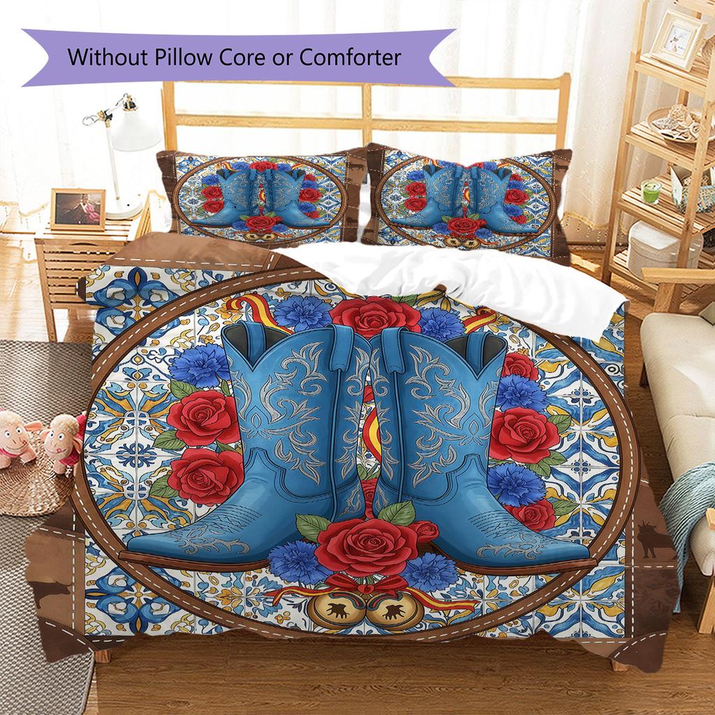 CowboyBoots Pattern Bedding Quilt Set Quilt Cover Pillowcase Home Decoration Birthday Gift (1 * Duvet Cover + 2 * Pillowcase, Without Core)