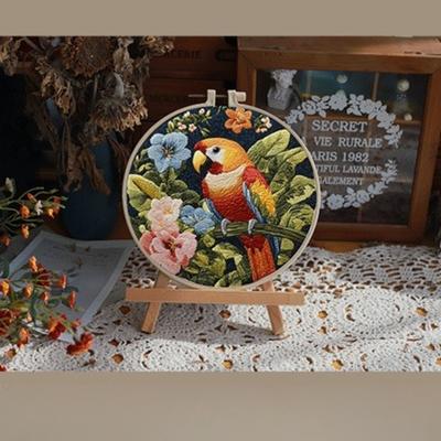 1 kit de bricolage en tissu brodé avec motif perroquet et fleur