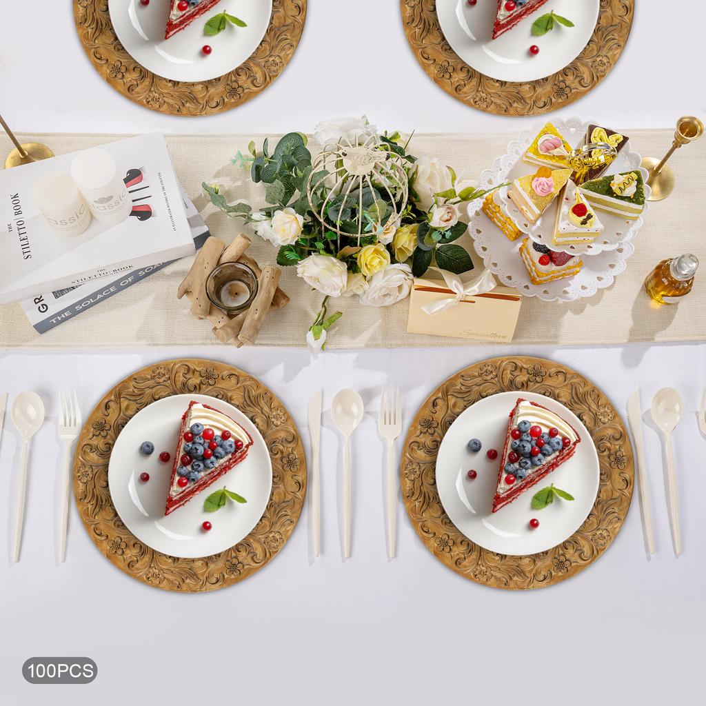 100 Pcs Gold Plastic Antique Charger Plates, 13inch Embossed Rim Reusable for Christmas Halloween Wedding Party Table Decoration