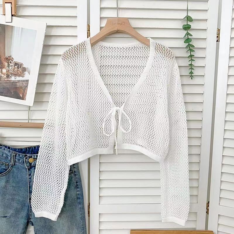 Korean Fashion V Neck Knit Cardigan Ladies Lace Up Hollow Out Mesh Thin Sun Protection Slim Fit Daily Outerwear Free Size белый