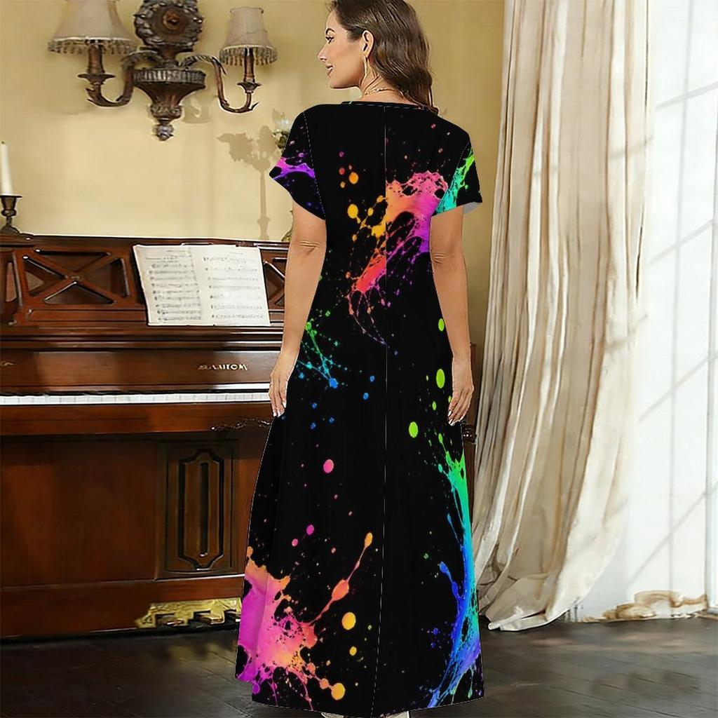 Women Plus Size V Neck Short Sleeve Abstract Printed Straight Maxi Dress