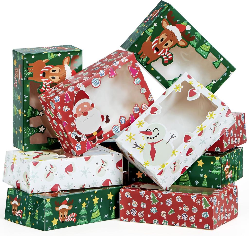 JOYFY 24 Pezzi Scatole Regalo per Biscotti e Dolcetti di Natale con Fantasia Colorata, Scatola da Pasticceria con Finestra per Feste di Natale, Compleanno