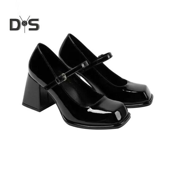 

1 пара туфель на высоком каблуке, классический стиль, устойчивая фиксация стопы, регулируемые ремешки на лодыжке, поддержка свода стопы, квадратный носок, подошва из термопластичной резины, глянцевая поверхность, однотонная женская обувь 34 чёрный