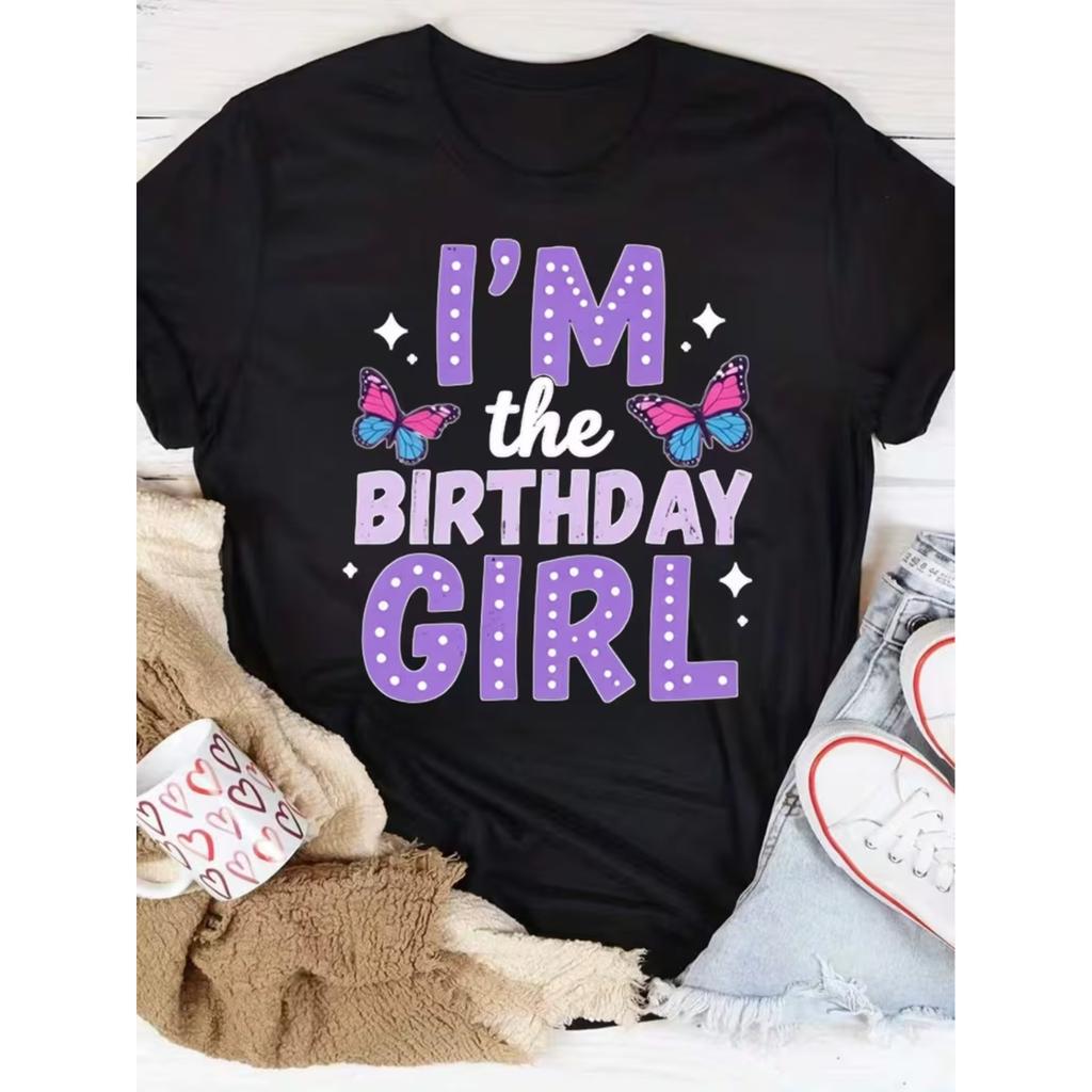Women'S IM The Birthday Graphic T-Shirt, Sparkling Sequin Letters with Butterfly Print, Glittery Casual Party Top