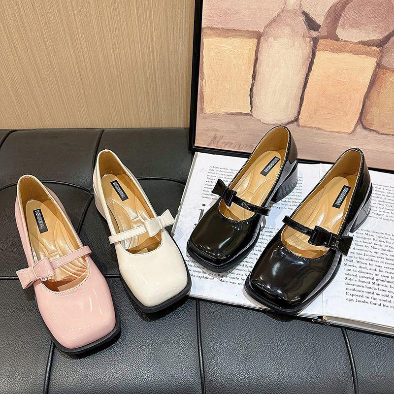 Spring new high heels medium thick heel fashion square head bright leather single shoes shallow mouth bow Mary Jane shoes women's shoes trend