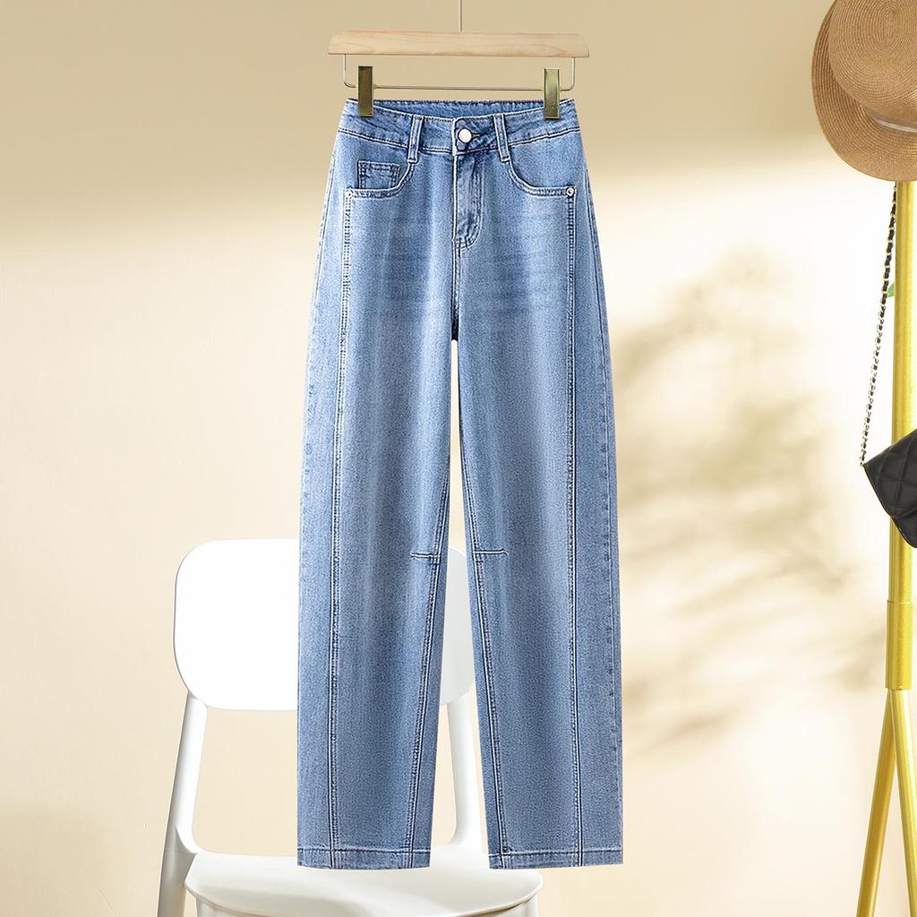 Women's Washed Blue Wide-Leg Jeans - 2025 Spring/Autumn Trendy Scimitar-Cut Loose Slimming Banana Pants