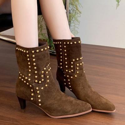 Elegantes Botines de Ante para Mujer Tacones Altos Punta Afilada Zapatos Invierno Salones Nueva Tendencia Moda Gótica Chelsea Cortos Botas Mujer