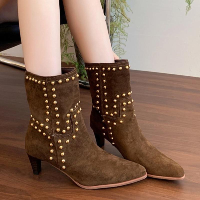 Elegant Suede Women Ankle Boots High Heels Pointed Toe Shoes Winter Pumps  New Trend Goth Fashion Chelsea Short Botas Mujer