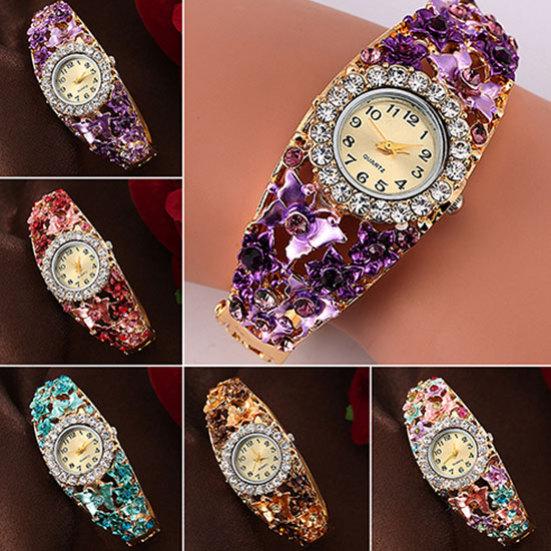 Dameblomst sommerfuglkjole Klokke Rundskive Rhinestone Armbånd Armbåndsur