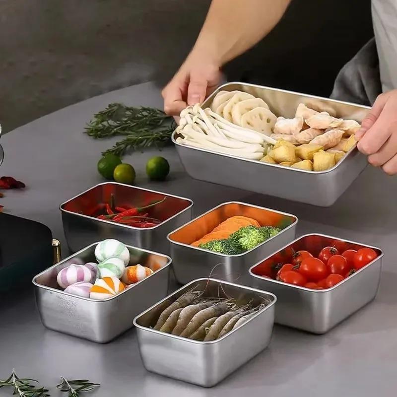 6/1x Edelstahl-Lebensmittelbehälter Verdickt Gefrierschrank-Gemüsefach Rechteckige Lebensmittelaufbewahrungsschale mit Deckel Gerichtschale Frische Lunchplatte