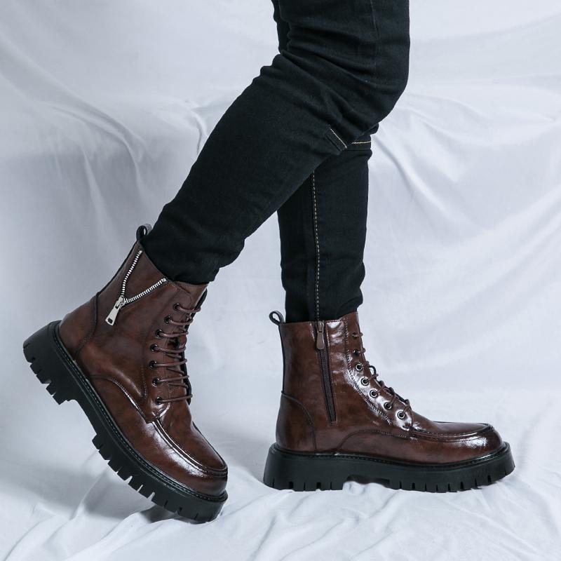 High Top Men Boots PU Solid Color Thick Sole Round Toe Lace Up Motorcycle Cowboy Boots Fashionable and Comfortable Men Boots