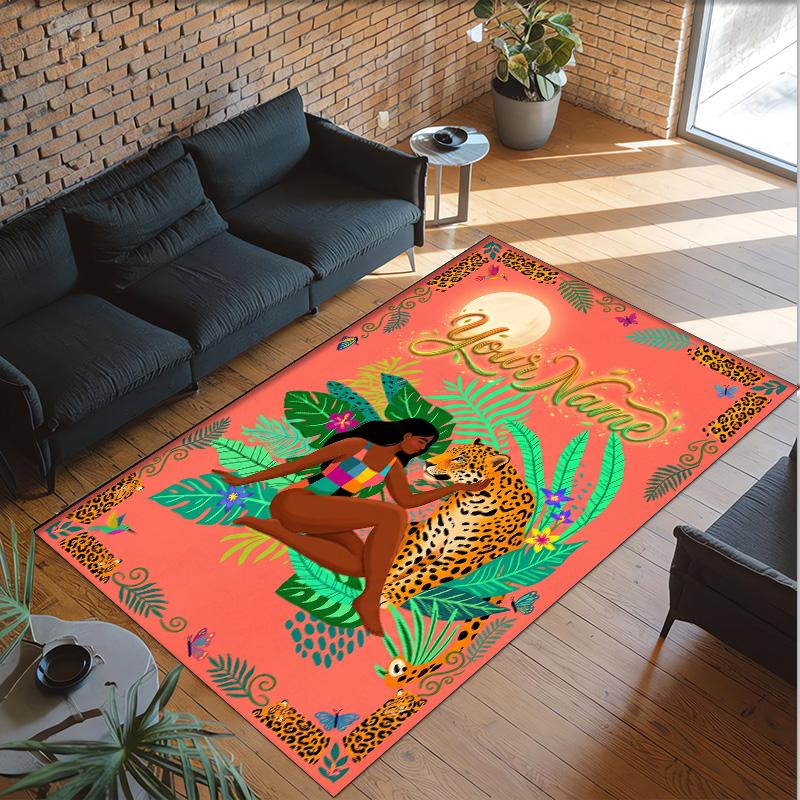 Leopard Theme Crystal Velvet Floor Rug Personalized Custom Name Text Warm Carpet Home Decoration