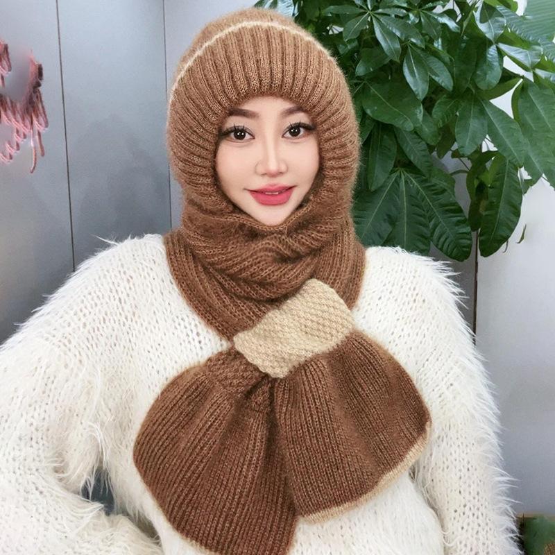 Hat Women's Autumn and Winter New Thickened Plus Plush Woolen Hat Scarf Integrated Bow Style Warm Men's and Women's Hat
