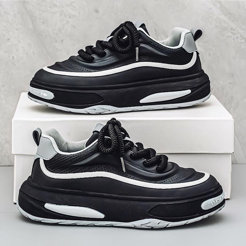 Schwarze Shell Toe Sneakers aus Leder für Herren – Dicke Sohle, trendige Herbst-Sportschuhe