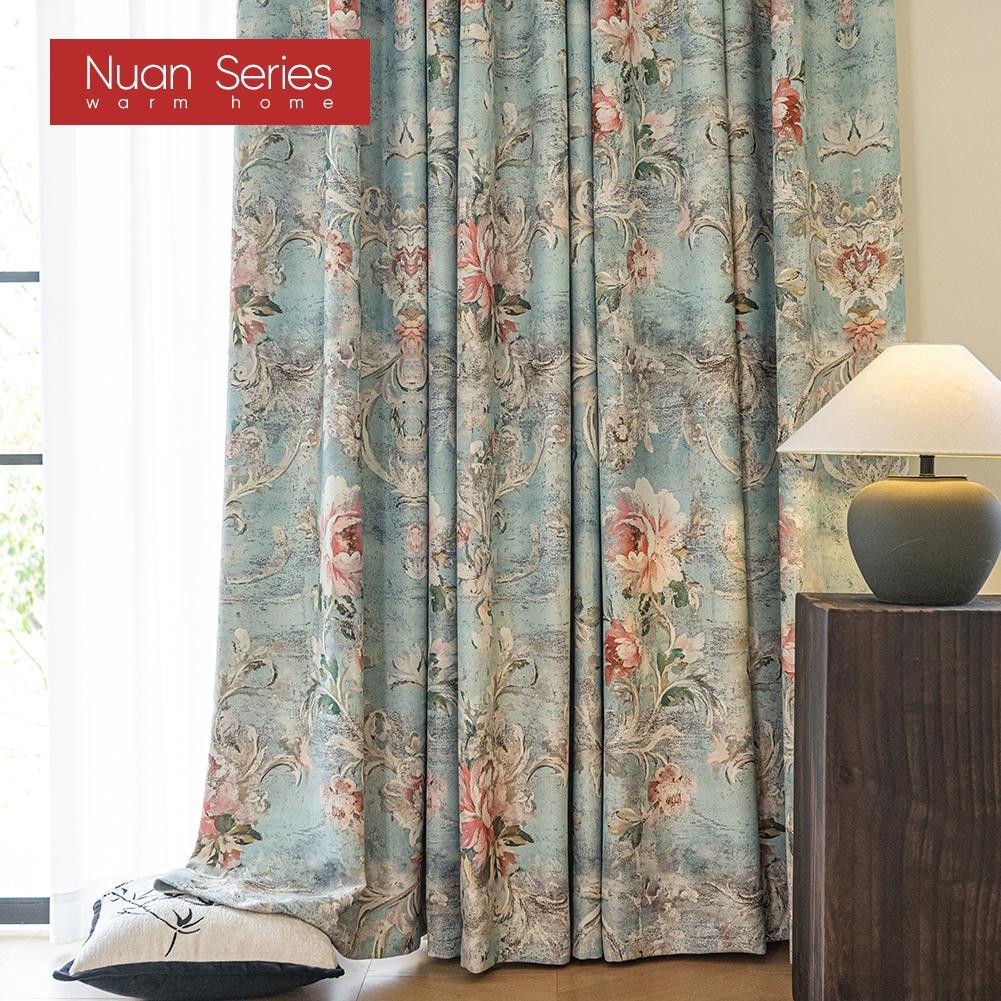1PC Nuan Series French Idyllic Style Blackout Curtains Blue Bottom Peony Print Curtains Thick Curtains for Bedroom Living Room Window for Home Decor