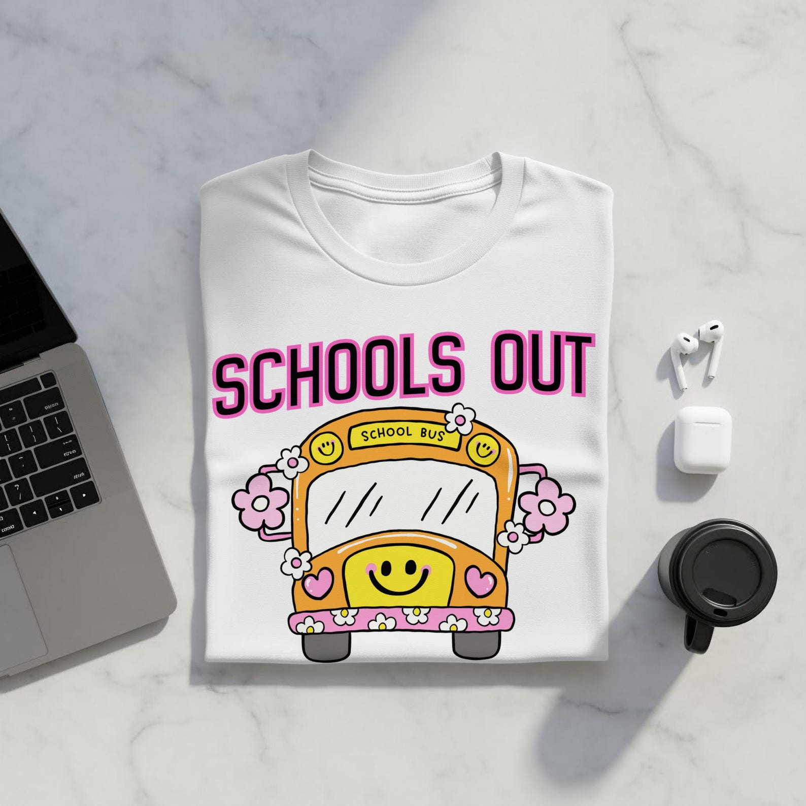 Groovy School Bus T-Shirt, Summer Vacation Tee, Daisy Flower Bus Driver Shirt M
