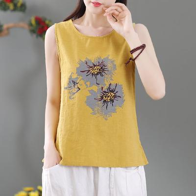 Fashion Floral Print  Women's Loose Cotton Linen Printed Tanks Tops