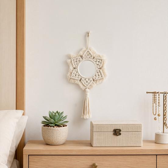 Hand Knitted Hanging Wall Mirror, Boho Fringe Round Mirror, Handmade Flower Shape Decorative Mirror for Farmhouse Apartment Living Room Bedroom Home
