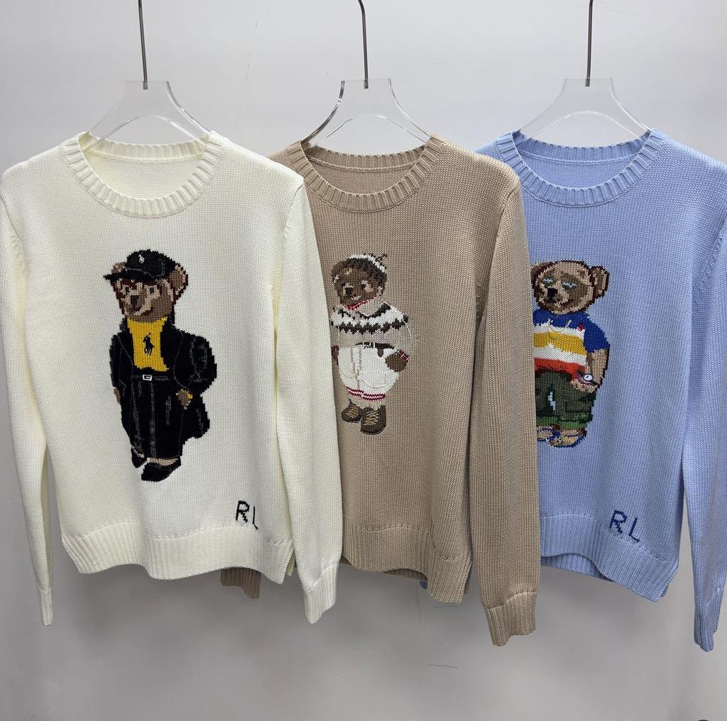 2025 R.L Wool Blend Cartoon Bear Round Neck Sweater - Women's Autumn/Winter Versatile Embroidered Style