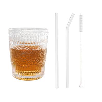 Tazza in rilievo Tazza in vetro da 10 once con set di cannuccia Bicchieri per uso quotidiano Retro Succo Bevanda Vino Tè Latte Tazza di caffè Vetreria
