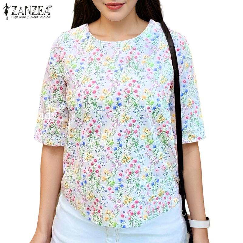ZANZEA Women Print Casual Round Neck Loose Summer Half Sleeve Blouse