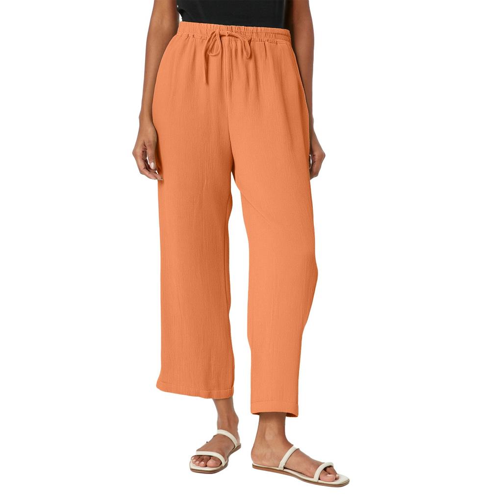 Dámské jednobarevné bavlněné a lněné kalhoty s kapsami a elastickým pasem, volnočasové kalhoty