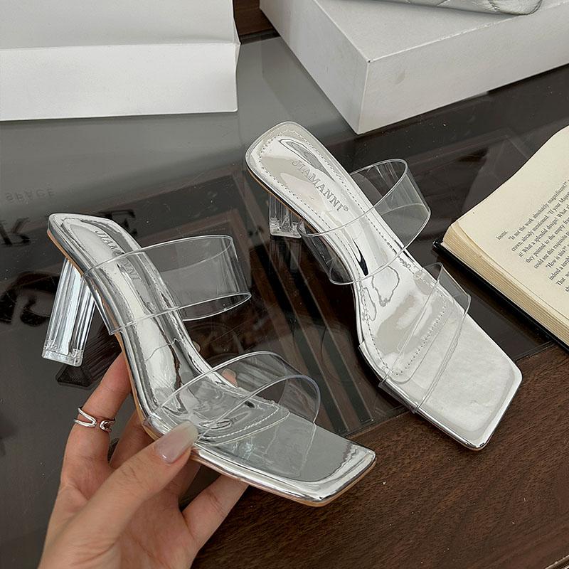 Fashion Fashion Transparent Heels Sandals Slides Shoes For Women Footwear Square Toe Ladies High Heels Sandals Shoes Female Pumps