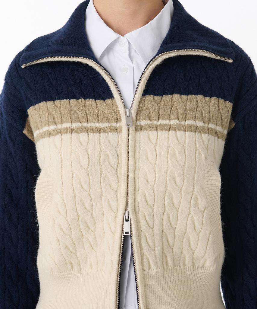 MUSINSA STANDARD WOMAN Women'S Color Block Cable Knit Zip-Up [Navy]
