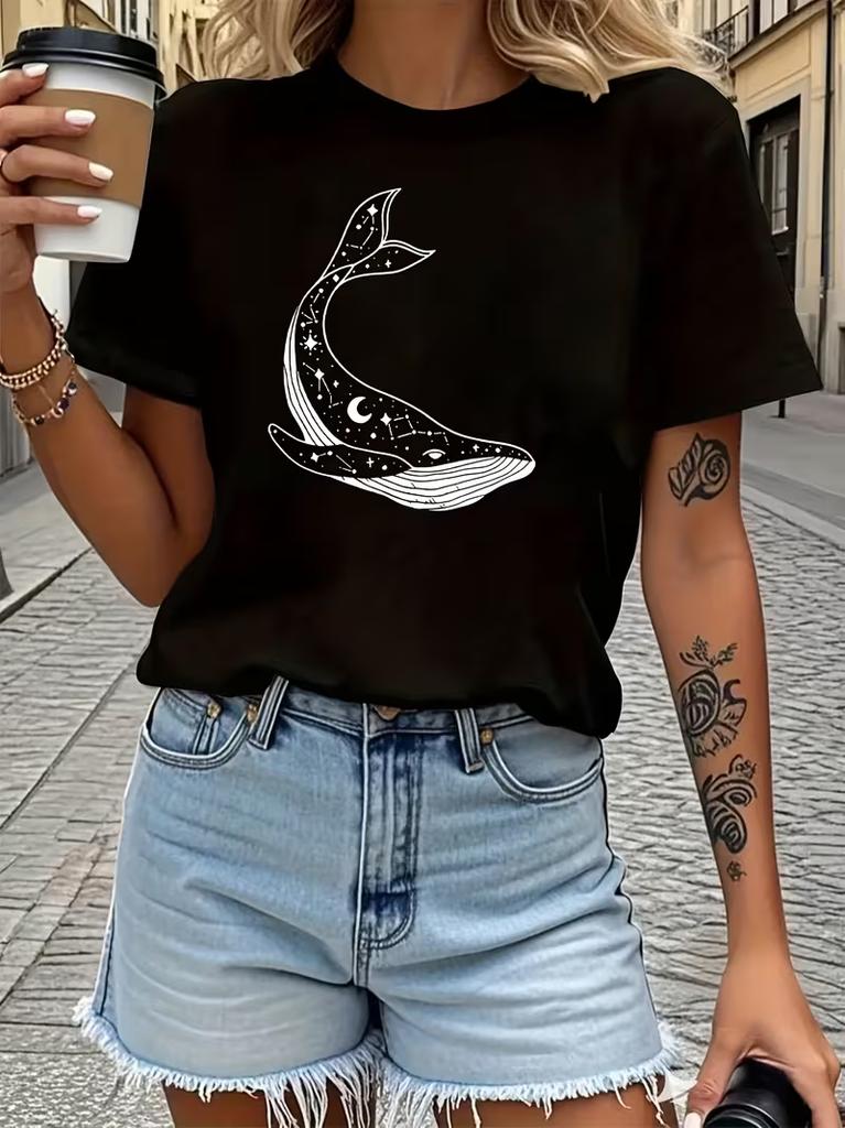 Unisexs Crew Neck Short Sleeve Casual Tee Celestial Whale With Star Constellation Print Daily Summer Top