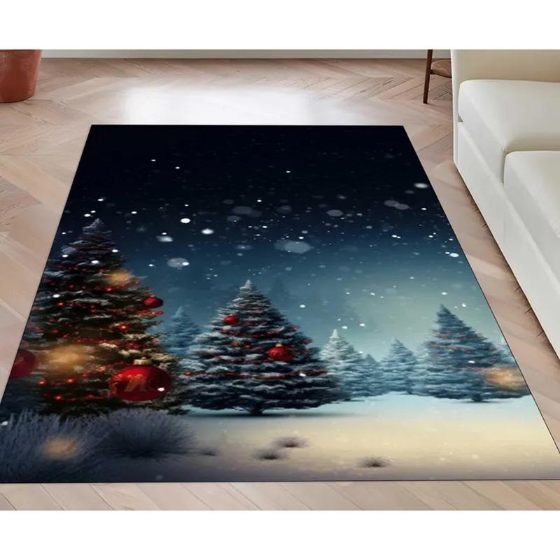 Winter Wonderland Rug, Christmas Tree Design Carpet for Festive Home Decor, Snowy Night Theme Floor Mat