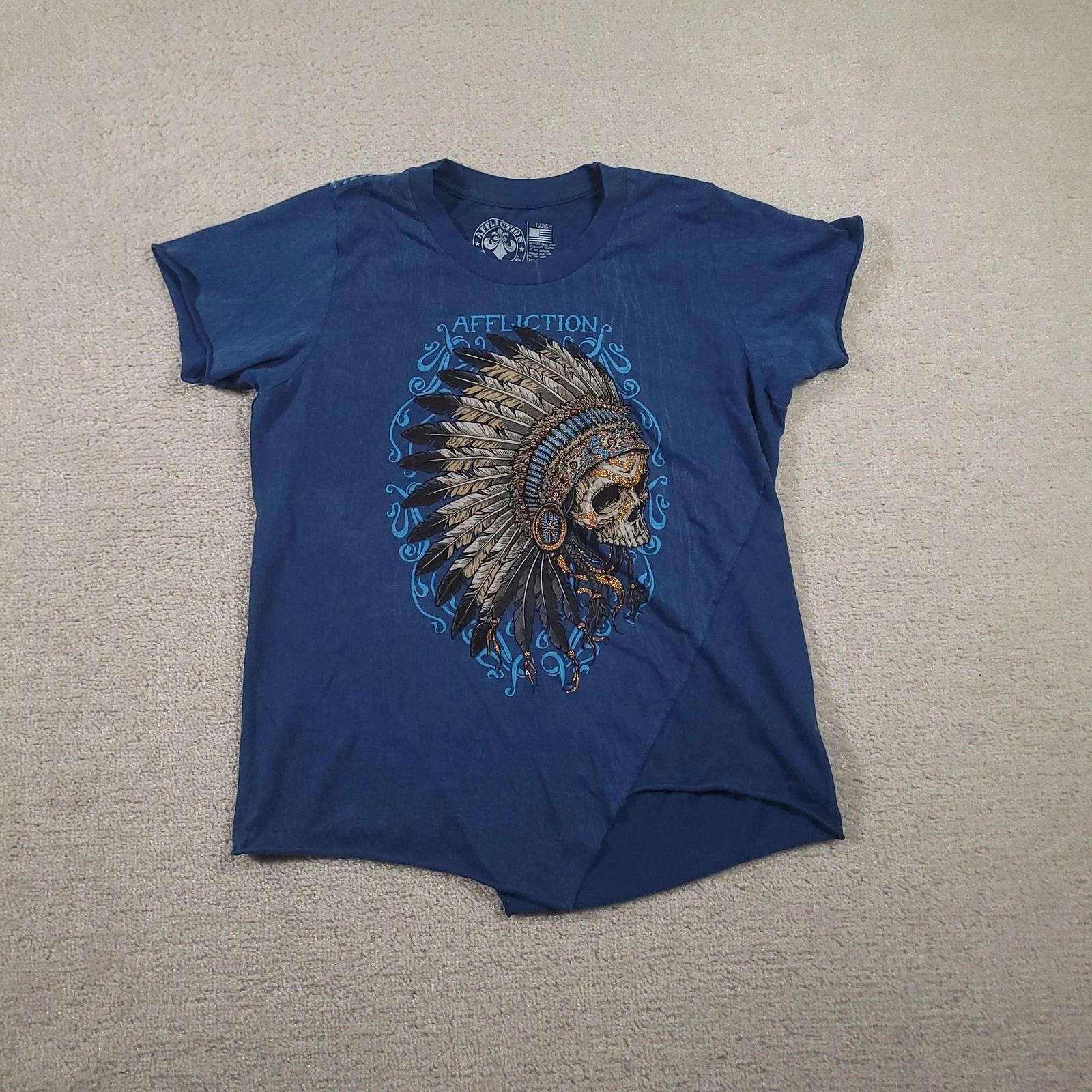 

Affliction Shirt Mens Large Blue Skull Headdress Rhinestone Graphic Made USA 160