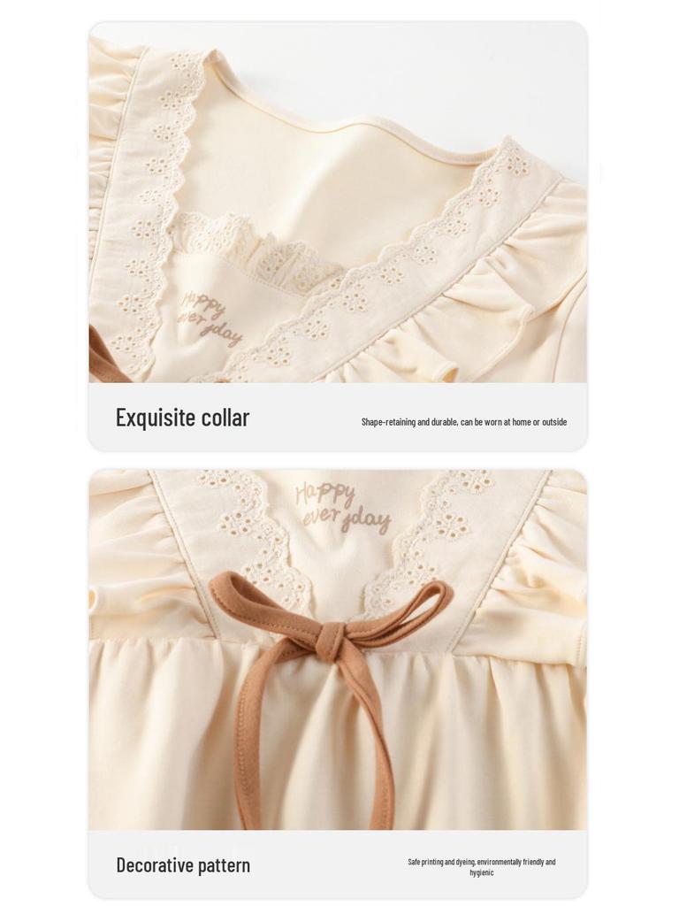 Nattlinne för gravida i koreansk stil för kvinnor, 100% ren bomull, antibakteriellt, långärmat - Lös passform för höst/vinter/vår