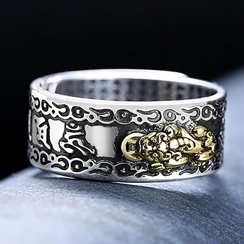 [Woffoly] Feng Shui Pixiu Mantra Ring Silver Buddhist Lucky Finger Ring MANI Amulet Mantra Jewelry Double Protection Well Slab Health Band Vintage