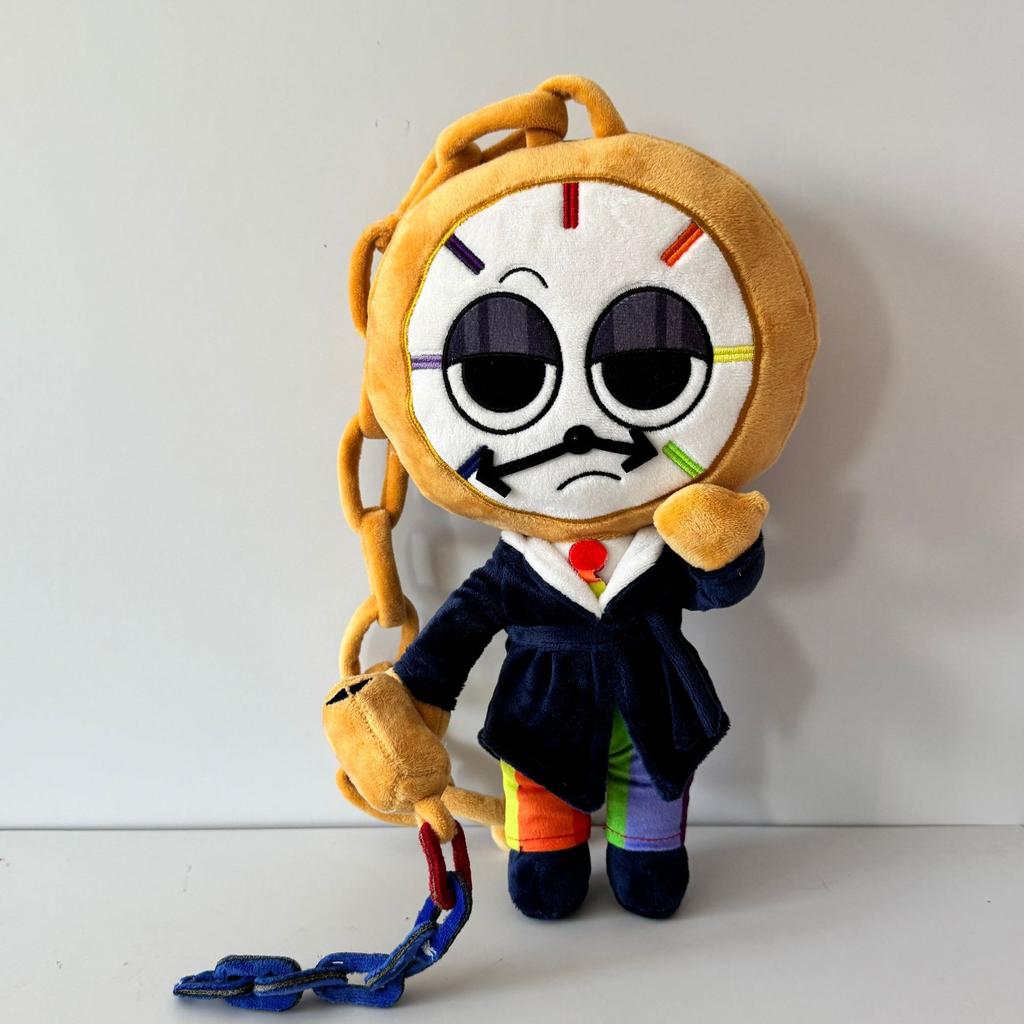 Dandy's Weltuhr Mann Plüschtier Niedlicher Uhrenkopf Charakter Kuscheltier mit Regenbogen-Outfit und Kette Weiches Spielzeug-Plüschtier für Kinder Fans Geburtstagsgeschenk