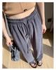 Damen Graue Hochtaillierte Cupro Sommerhose mit Weitem Bein - Petite, Leicht, Gerades Bein (145-150cm)